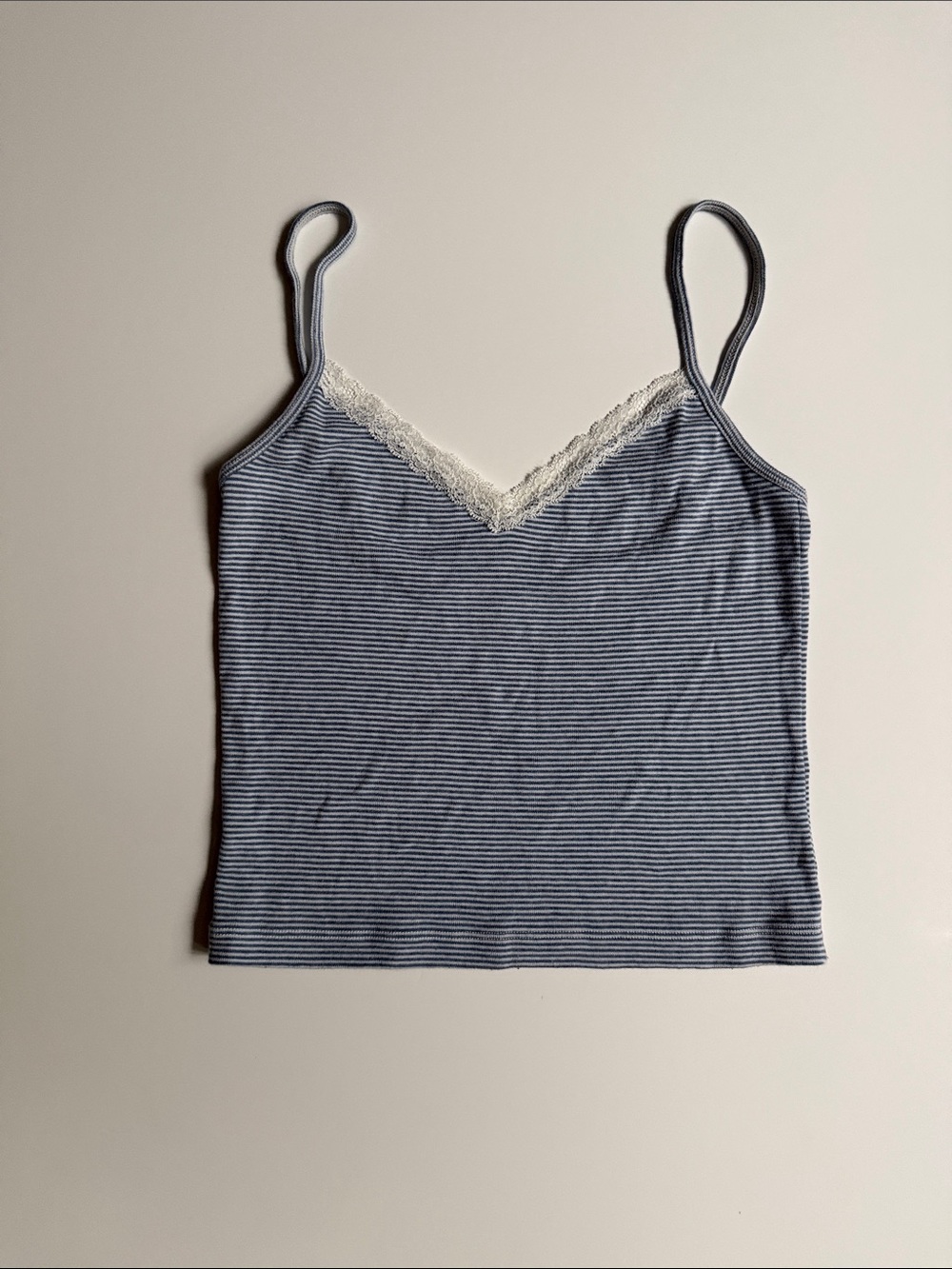 Brandy Melville Striped Lace-Trim Cami Tank Top in Navy